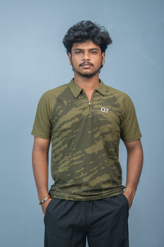 Mens Half Sleeve 07 Collar MILITARY Printed Round Neck Zipper T-Shirt - Mehandi green