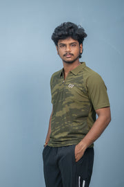 Mens Half Sleeve 07 Collar MILITARY Printed Round Neck Zipper T-Shirt - Mehandi green