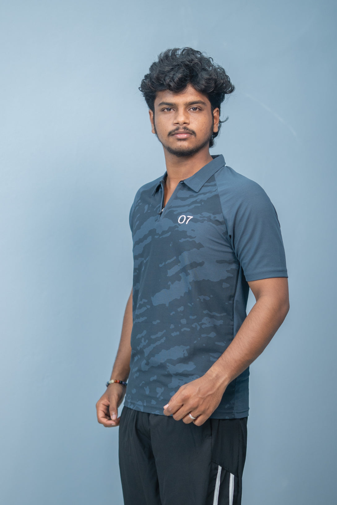 Mens Half Sleeve 07 Collar MILITARY Printed Round Neck Zipper T-Shirt - Dark Grey