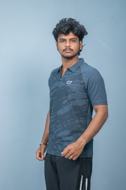 Mens Half Sleeve 07 Collar MILITARY Printed Round Neck Zipper T-Shirt - Dark Grey