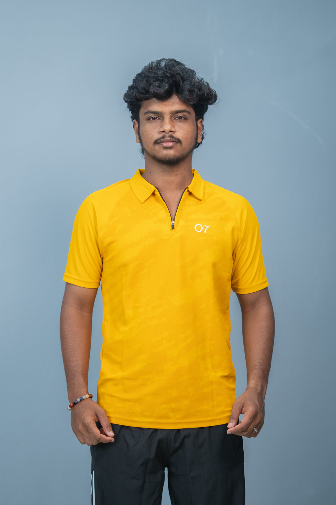 Mens Half Sleeve 07 Collar MILITARY Printed Round Neck Zipper T-Shirt - Yellow