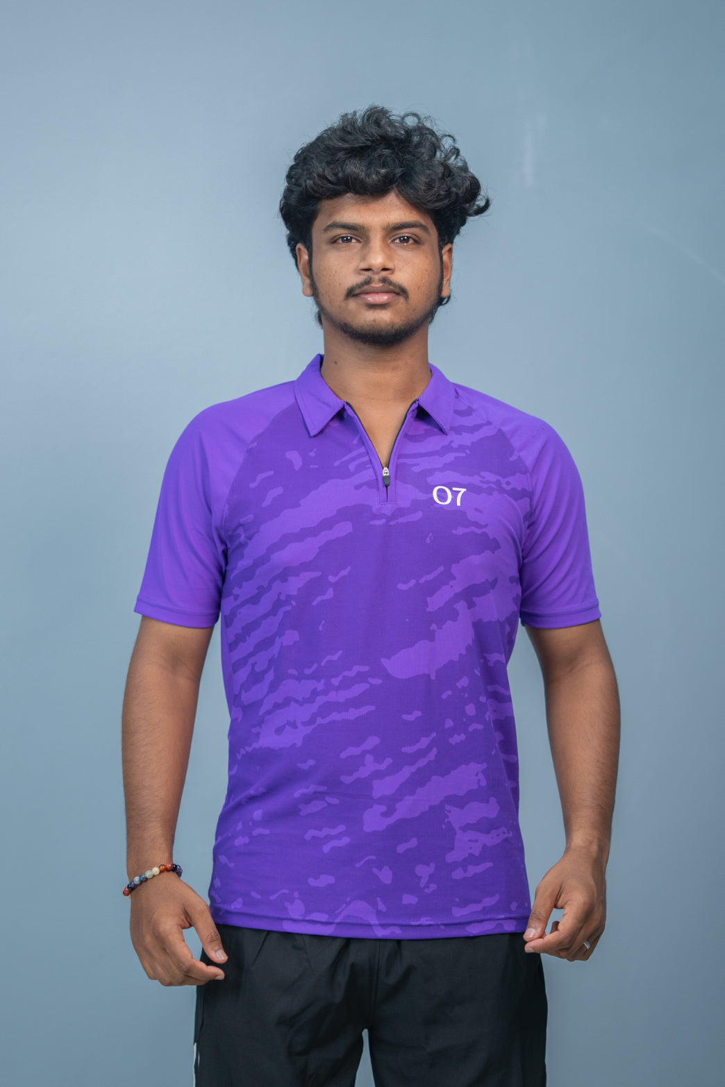 Mens Half Sleeve 07 Collar MILITARY Printed Round Neck Zipper T-Shirt - Violet