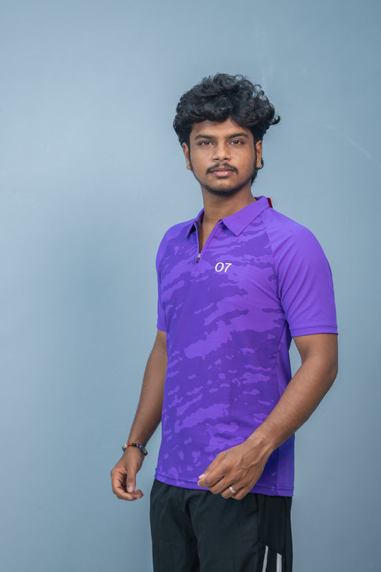 Mens Half Sleeve 07 Collar MILITARY Printed Round Neck Zipper T-Shirt - Violet