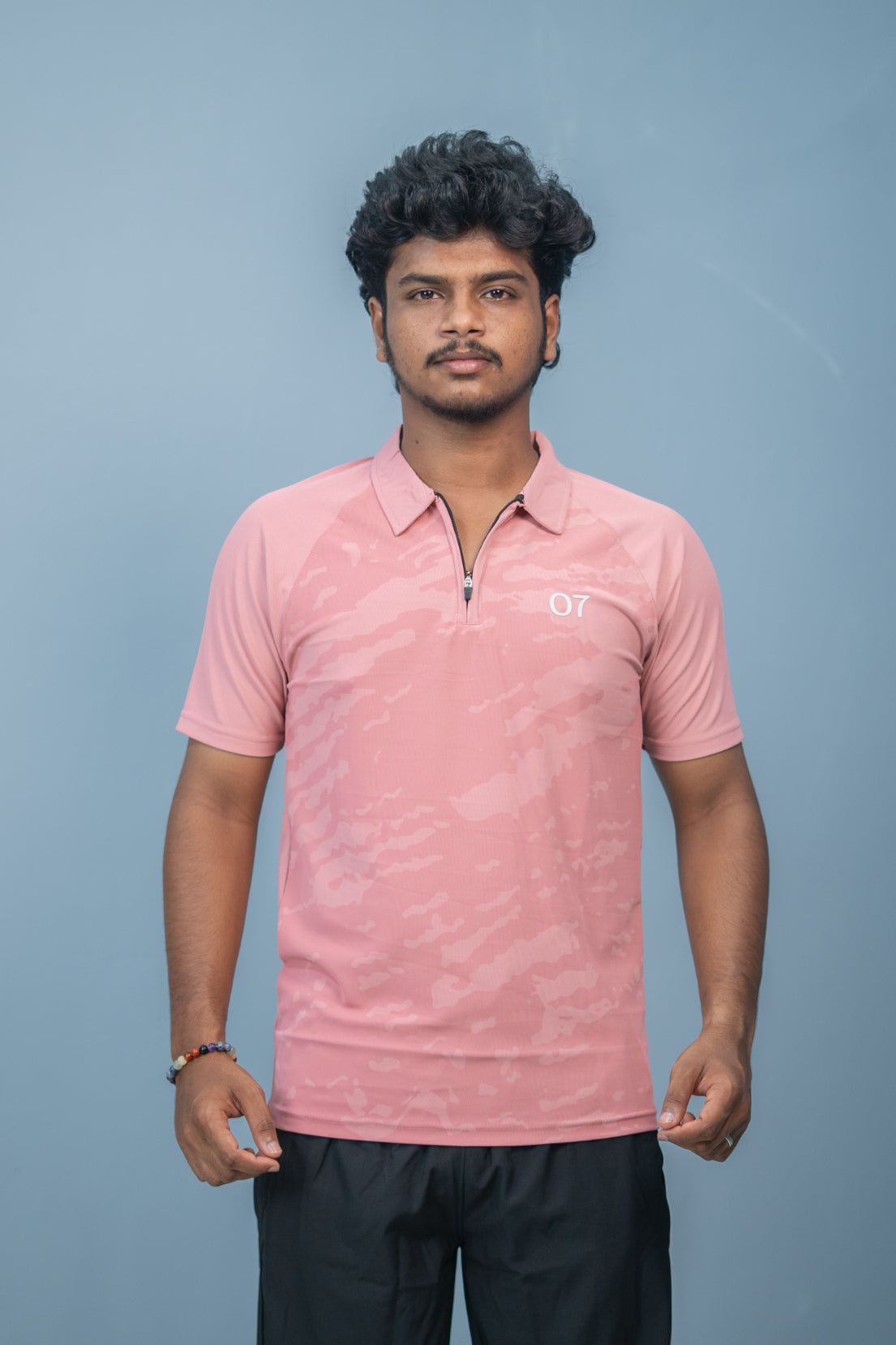Mens Half Sleeve 07 Collar MILITARY Printed Round Neck Zipper T-Shirt - Pink
