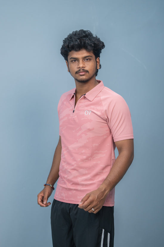 Mens Half Sleeve 07 Collar MILITARY Printed Round Neck Zipper T-Shirt - Pink