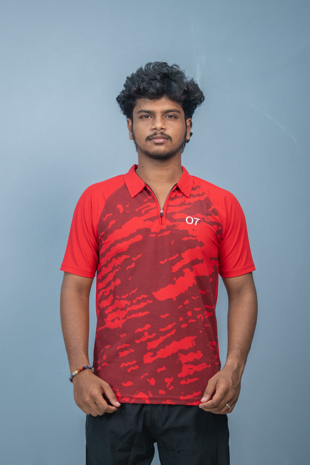 Mens Half Sleeve 07 Collar MILITARY Printed Round Neck Zipper T-Shirt - Red