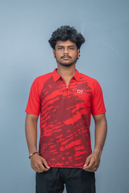 Mens Half Sleeve 07 Collar MILITARY Printed Round Neck Zipper T-Shirt - Red