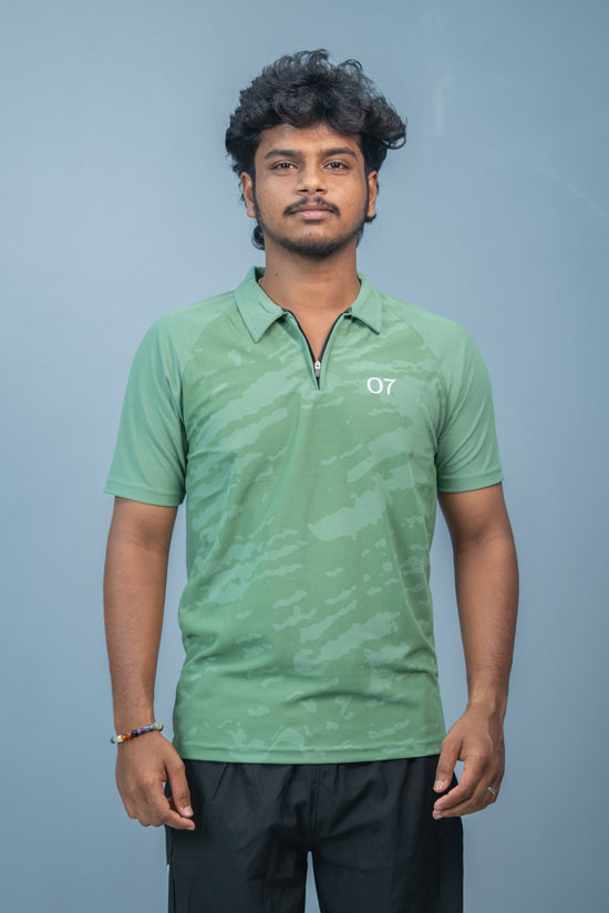 Mens Half Sleeve 07 Collar MILITARY Printed Round Neck Zipper T-Shirt - Green