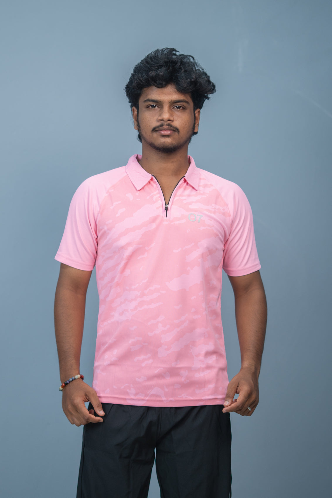 Mens Half Sleeve 07 Collar MILITARY Printed Round Neck Zipper T-Shirt - Light Pink