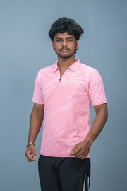 Mens Half Sleeve 07 Collar MILITARY Printed Round Neck Zipper T-Shirt - Light Pink