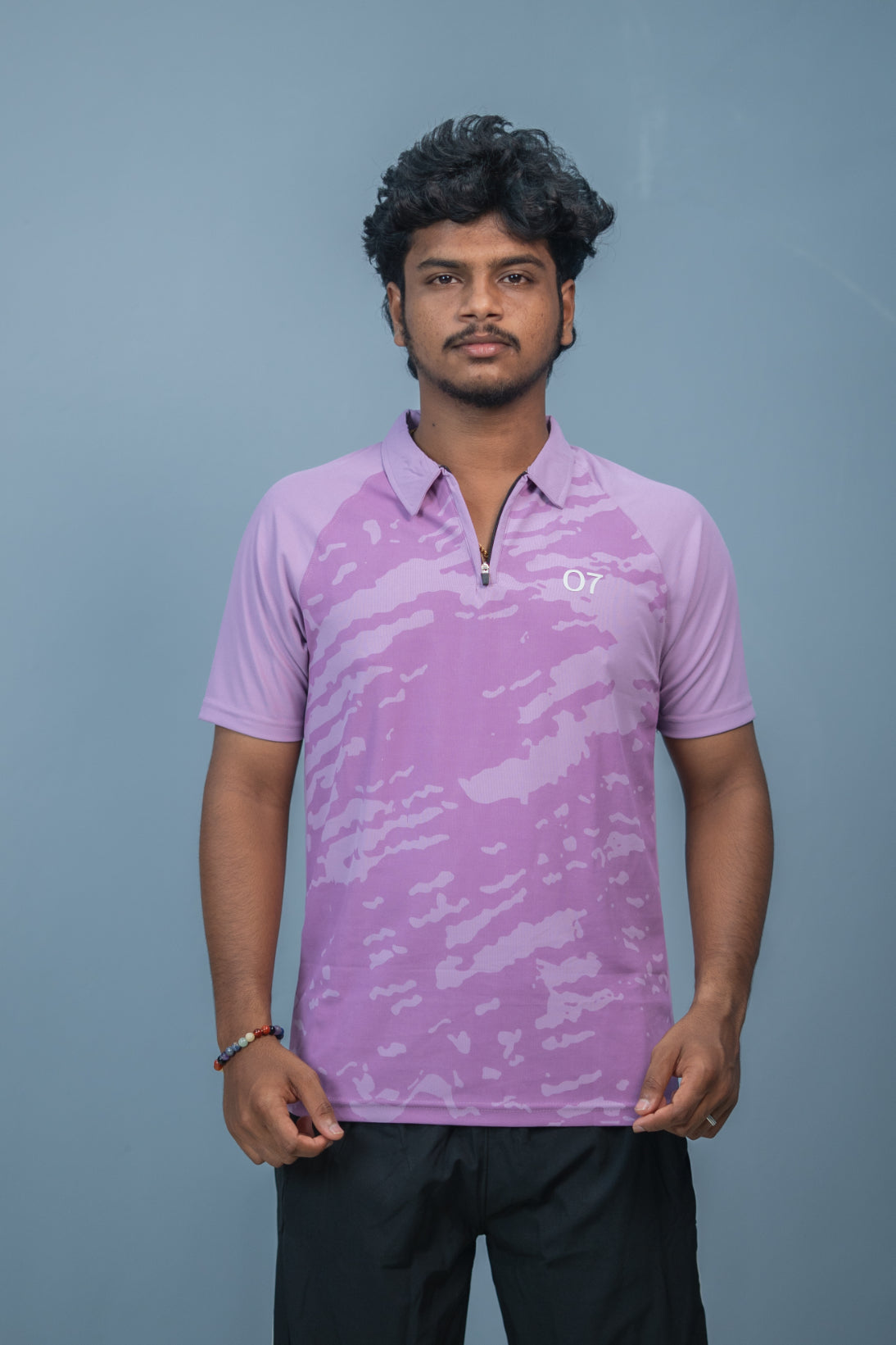 Mens Half Sleeve 07 Collar MILITARY Printed Round Neck Zipper T-Shirt - Purple
