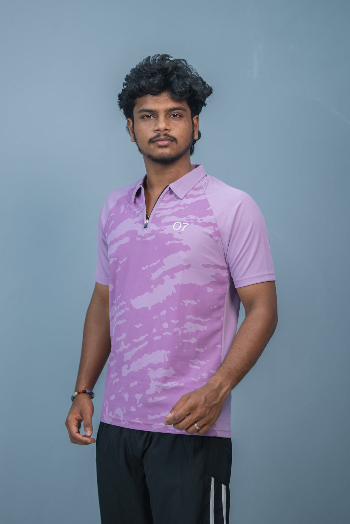 Mens Half Sleeve 07 Collar MILITARY Printed Round Neck Zipper T-Shirt - Purple