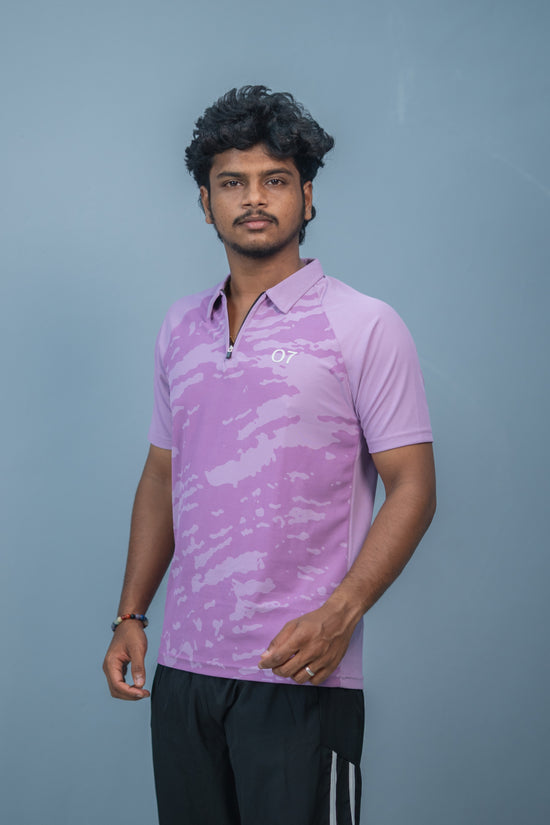 Mens Half Sleeve 07 Collar MILITARY Printed Round Neck Zipper T-Shirt - Purple
