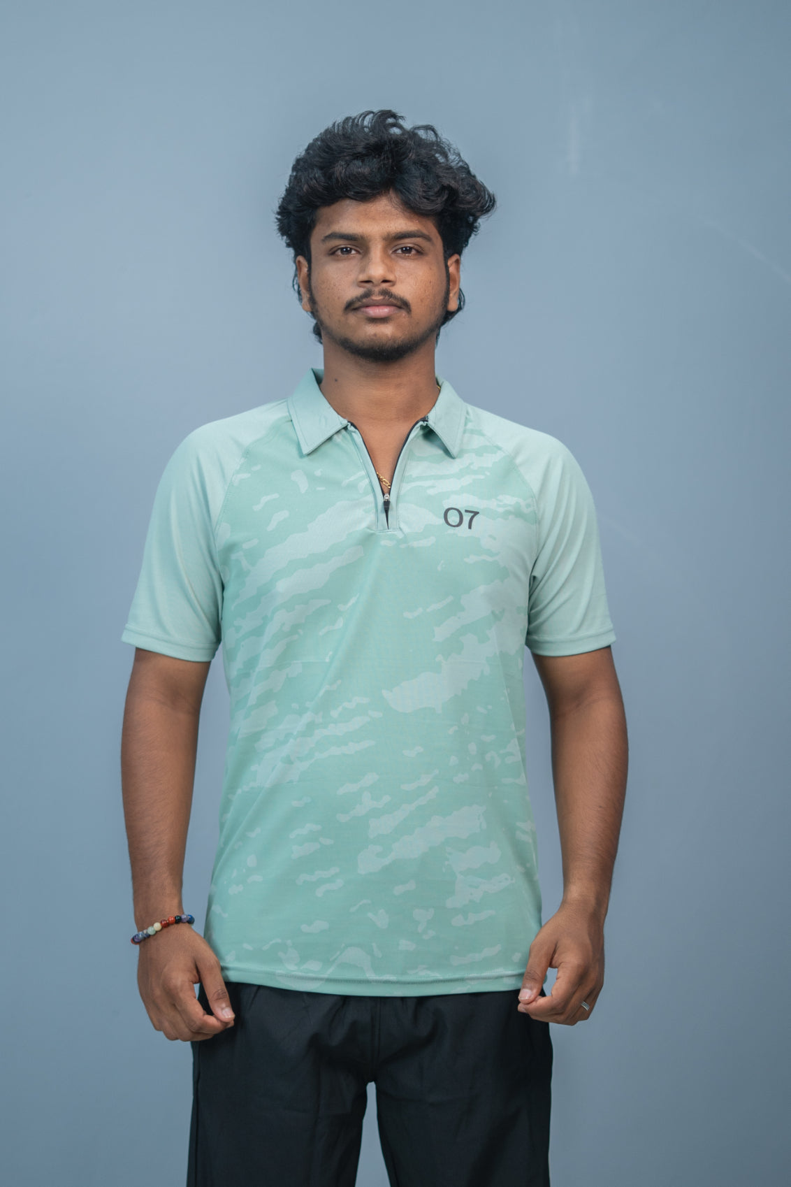 Mens Half Sleeve 07 Collar MILITARY Printed Round Neck Zipper T-Shirt - Pista Green
