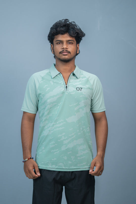 Mens Half Sleeve 07 Collar MILITARY Printed Round Neck Zipper T-Shirt - Pista Green