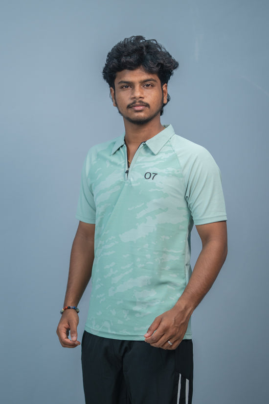 Mens Half Sleeve 07 Collar MILITARY Printed Round Neck Zipper T-Shirt - Pista Green
