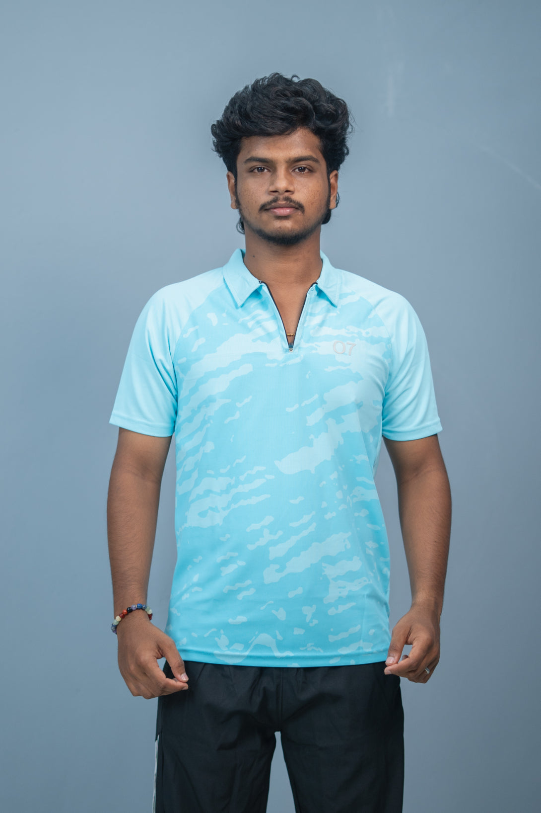 Mens Half Sleeve 07 Collar MILITARY Printed Round Neck Zipper T-Shirt - Sea Blue
