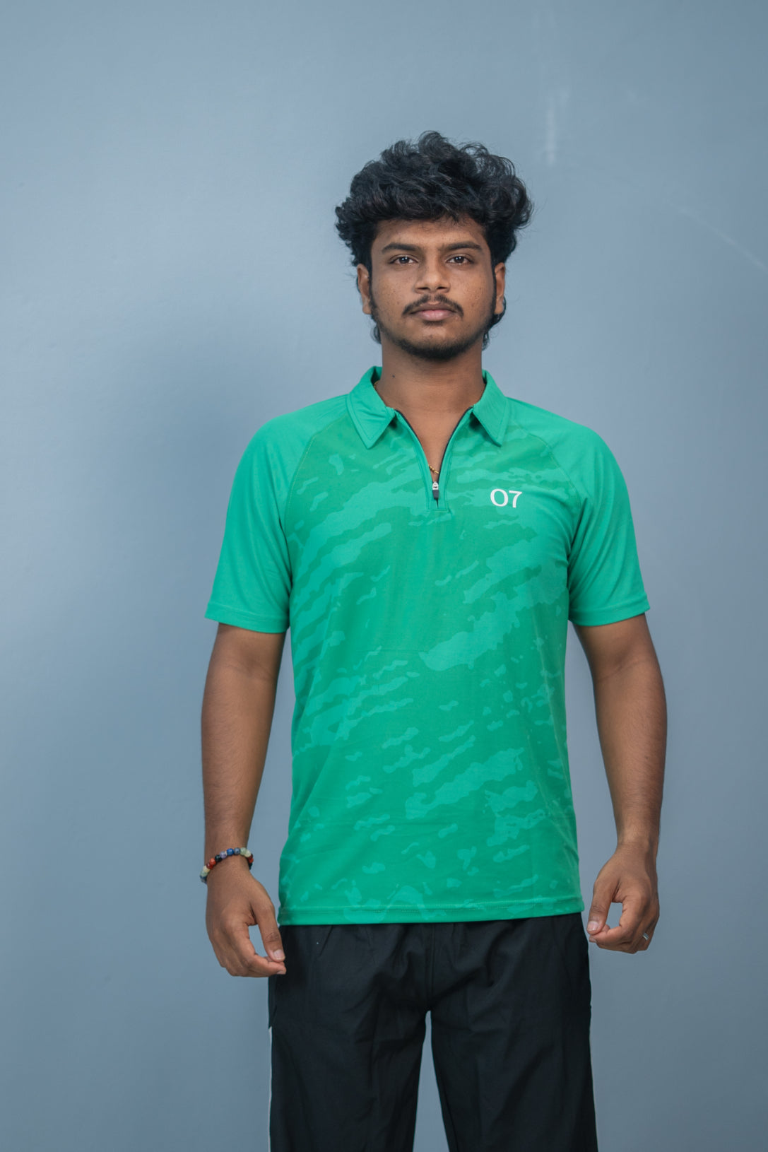 Mens Half Sleeve 07 Collar MILITARY Printed Round Neck Zipper T-Shirt - Dark Green