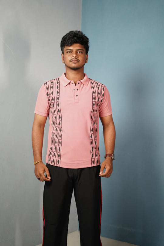 Men's Coller Neck Polo T-Shirt with DIAMOND Patterned Panels-Pink – alternate view – 7MAN India