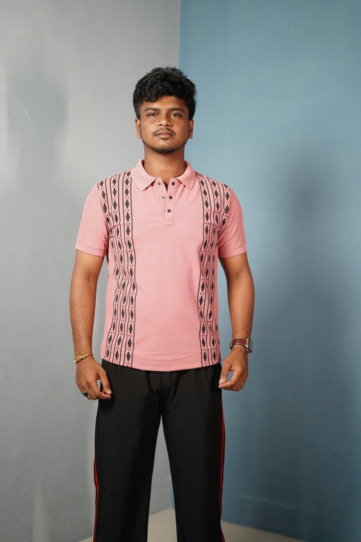 Men's Coller Neck Polo T-Shirt with DIAMOND Patterned Panels-Pink