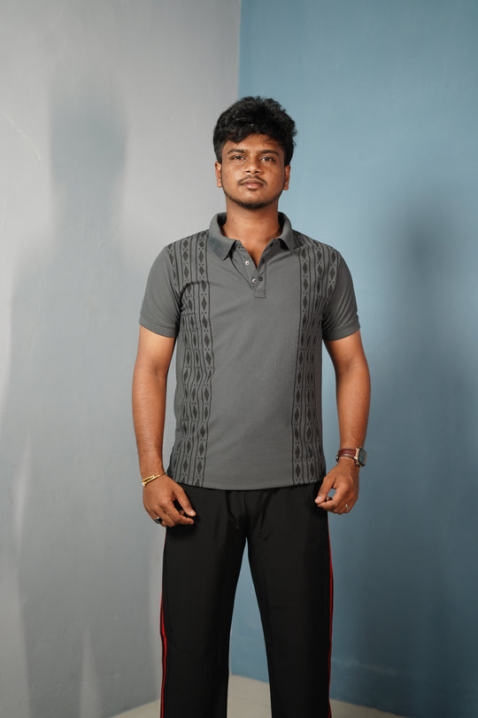 Men's Coller Neck Polo T-Shirt with DIAMOND Patterned Panels-Grey – alternate view – 7MAN India