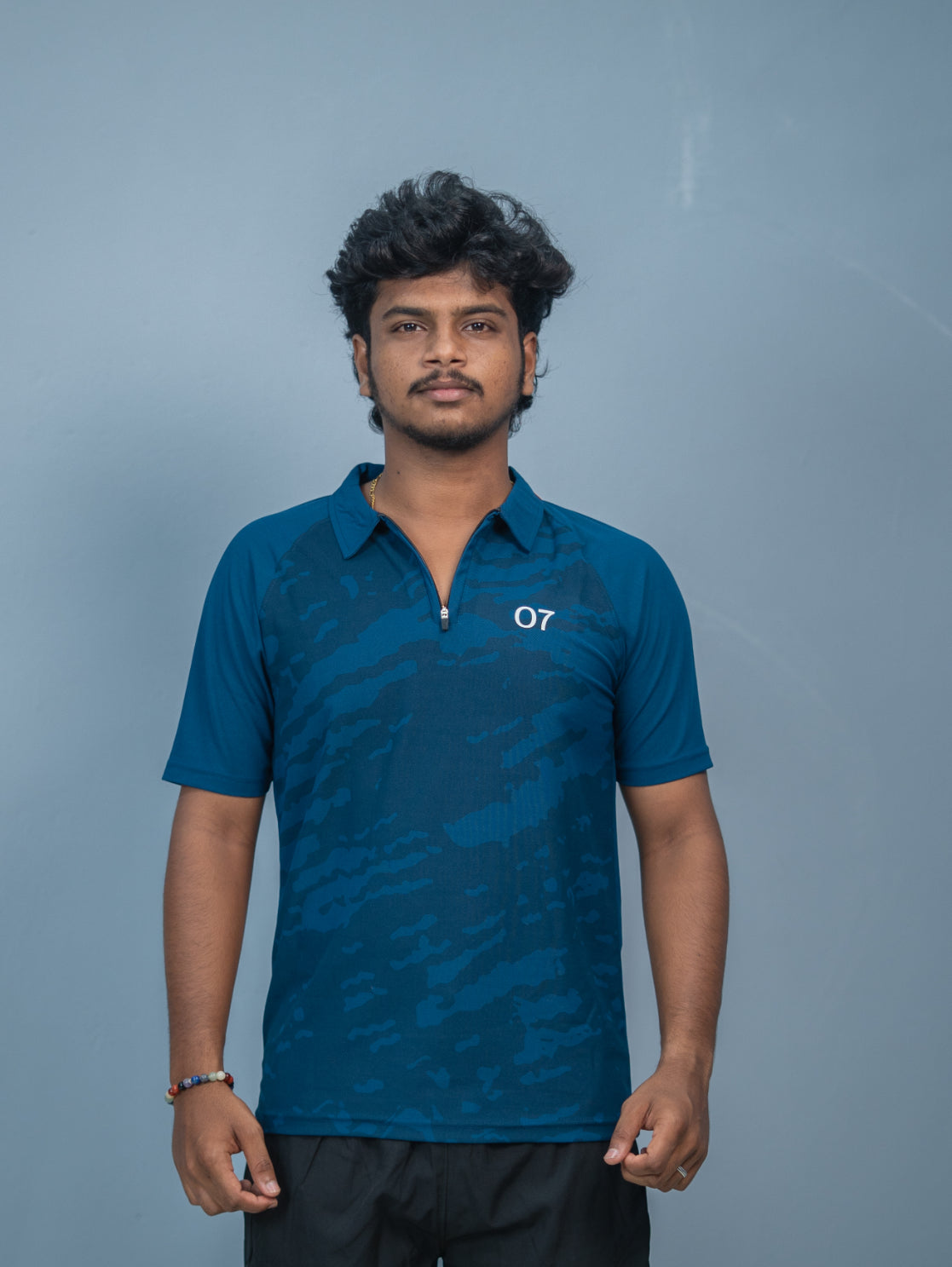 Mens Half Sleeve 07 Collar MILITARY Printed Round Neck Zipper T-Shirt - Petrol Blue