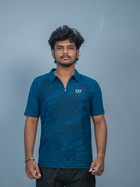 Mens Half Sleeve 07 Collar MILITARY Printed Round Neck Zipper T-Shirt - Petrol Blue