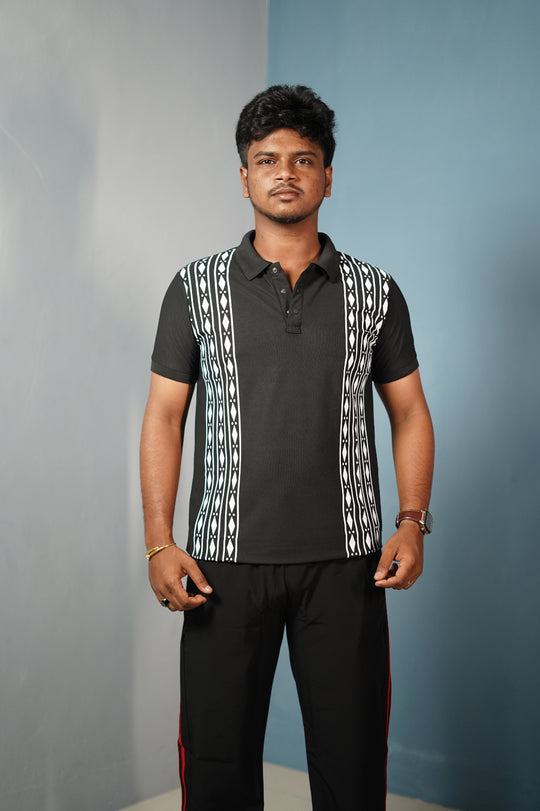 Men's Coller Neck Polo T-Shirt with DIAMOND Patterned Panels-Black – alternate view – 7MAN India