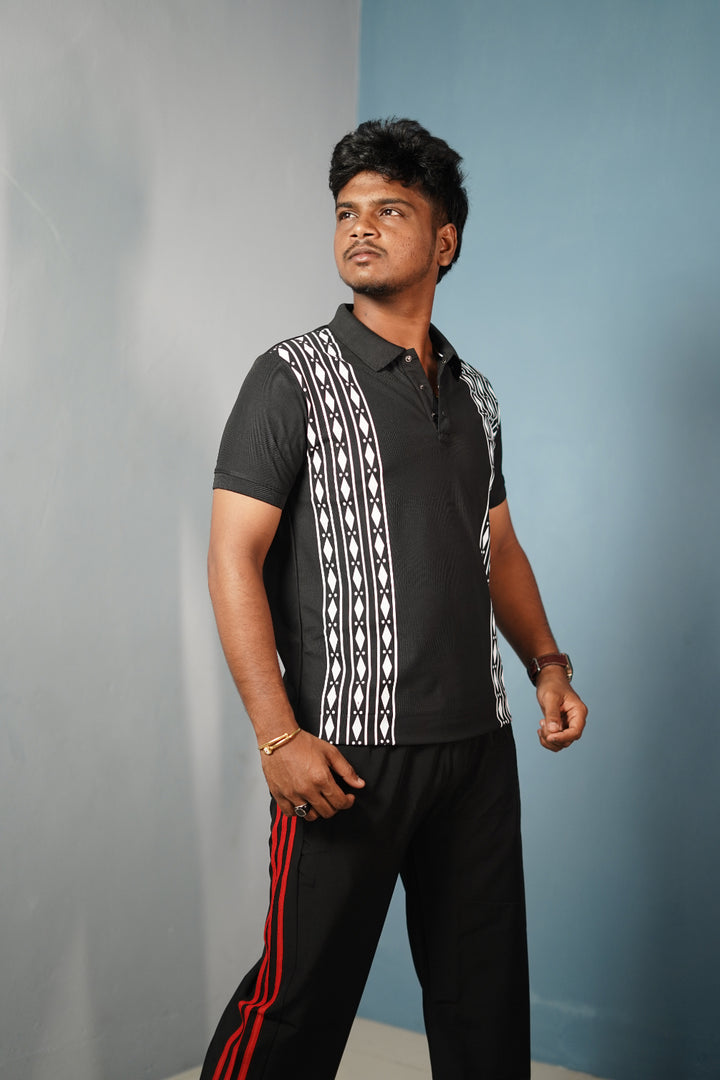 Men's Coller Neck Polo T-Shirt with DIAMOND Patterned Panels-Black