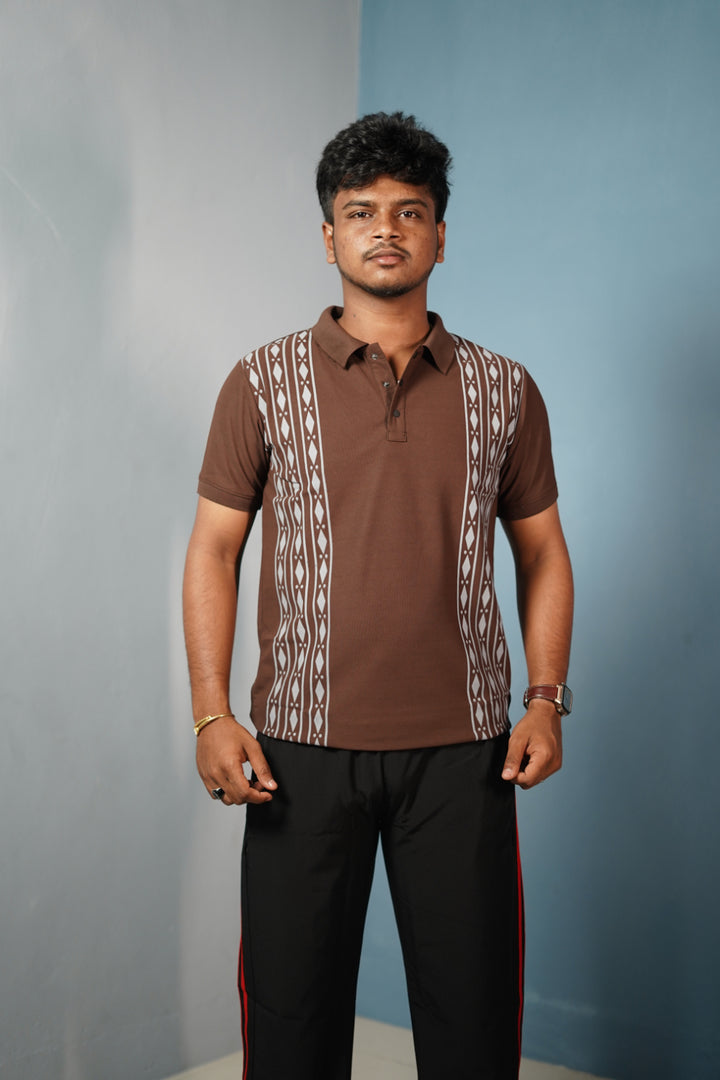 Men's Coller Neck Polo T-Shirt with DIAMOND Patterned Panels- Chocolate Brown