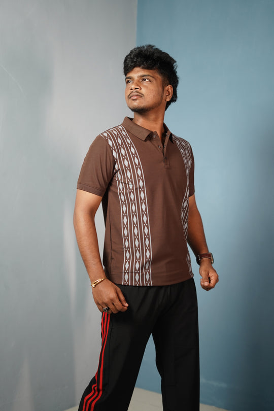 Men's Coller Neck Polo T-Shirt with DIAMOND Patterned Panels- Chocolate Brown – 7MAN Men's Fashion India