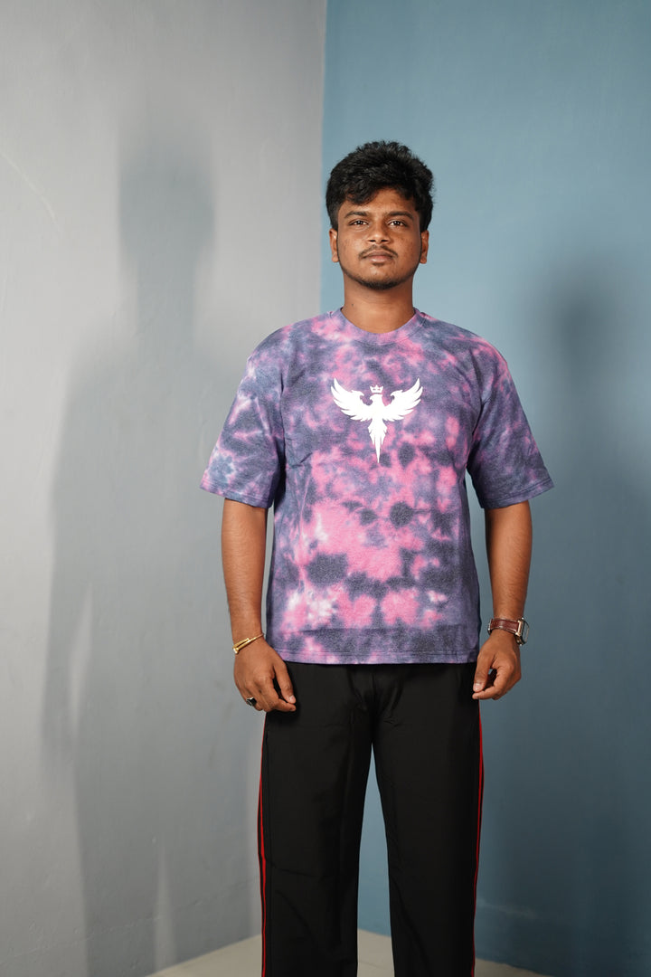 Trendy Tie-Dye Oversized EAGLE Print T-Shirt for Men - Pink