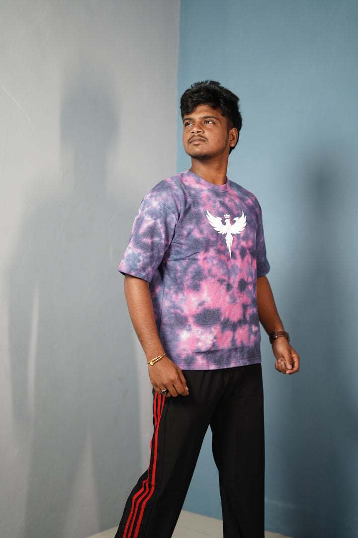 Trendy Tie-Dye Oversized EAGLE Print T-Shirt for Men - Pink