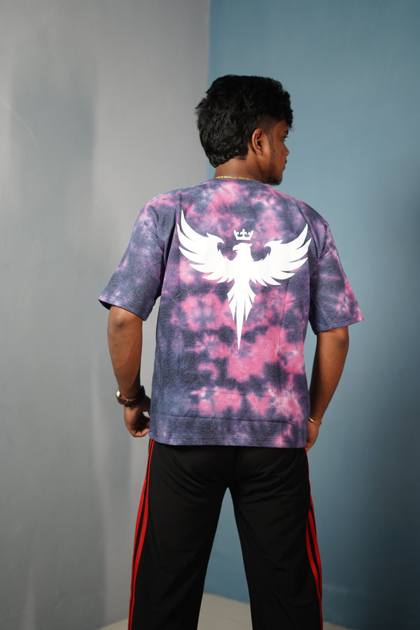 Trendy Tie-Dye Oversized EAGLE Print T-Shirt for Men - Pink