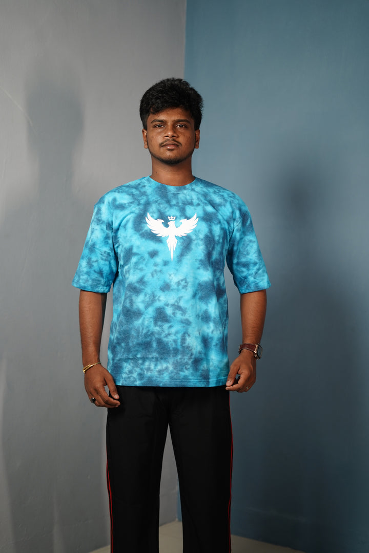 Trendy Tie-Dye Oversized EAGLE Print T-Shirt for Men - Sky Blue