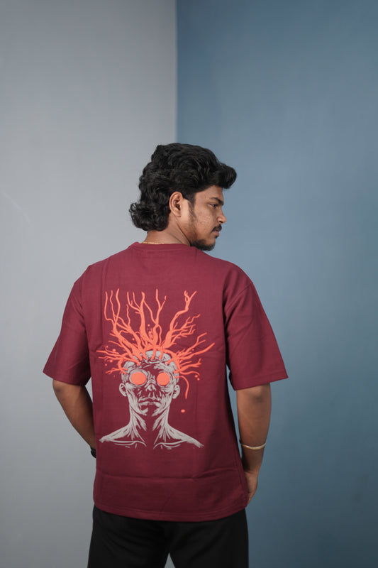 Mens Graphic Oversized T‑Shirt | Streetwear Abstract Art Print Tee - Maroon