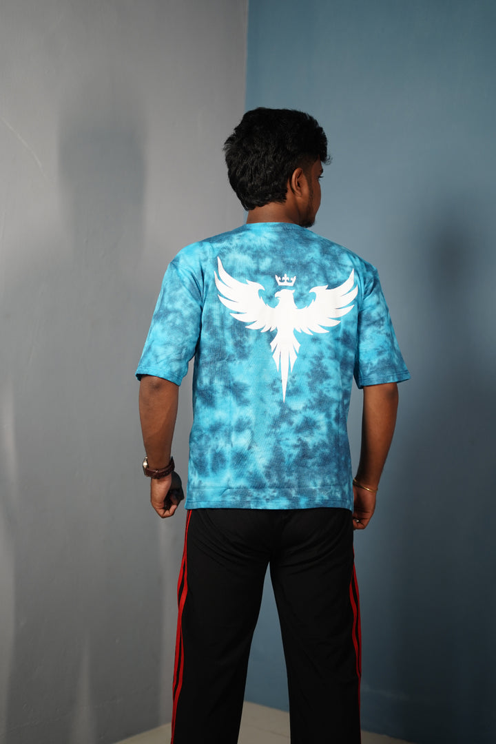 Trendy Tie-Dye Oversized EAGLE Print T-Shirt for Men - Sky Blue