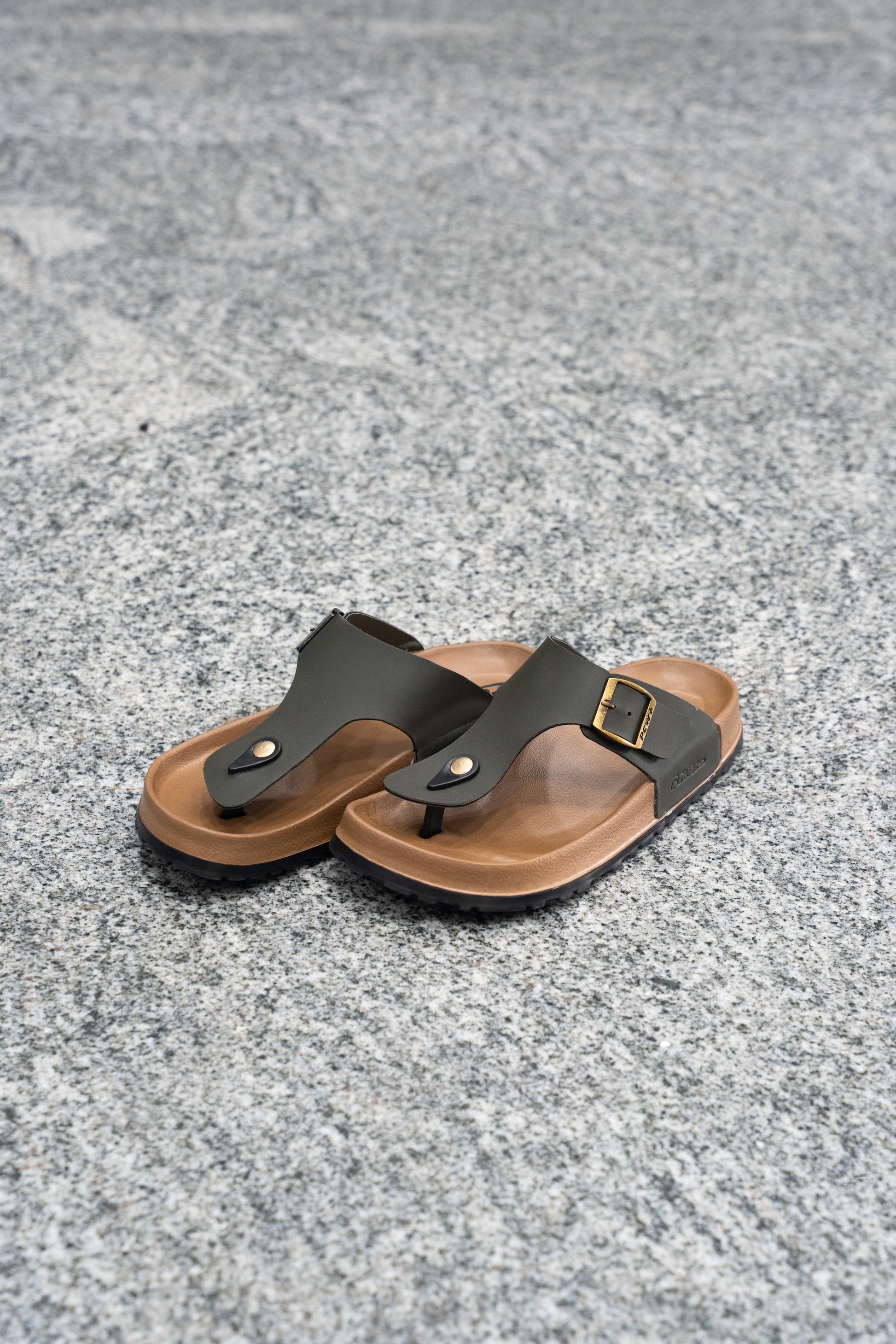 Men’s Leather Buckle Sandals with Tan Sole Stylish & Comfortable -  Tan With Mehandi Green