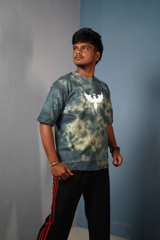 Trendy Tie-Dye Oversized EAGLE Print T-Shirt for Men - Dark Green – alternate view – 7MAN India