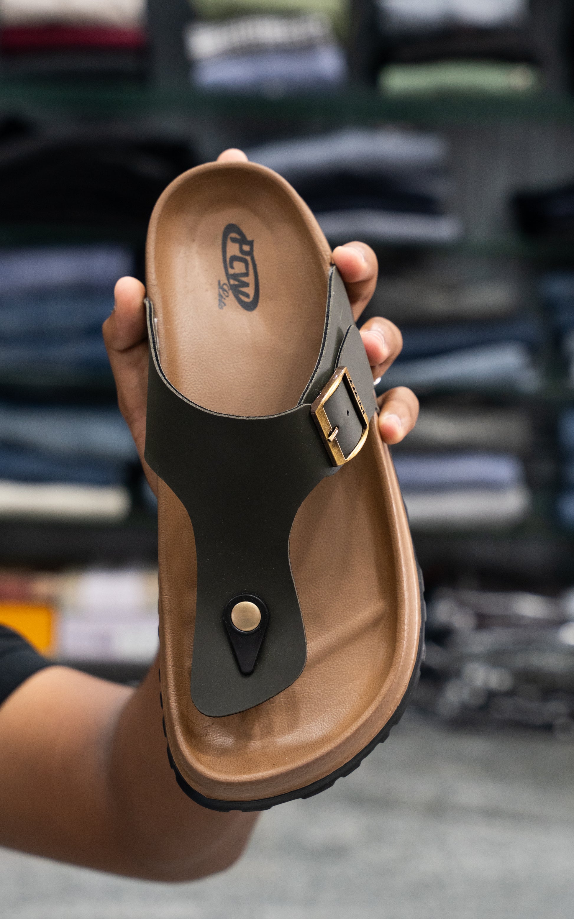 Men’s Leather Buckle Sandals with Tan Sole Stylish & Comfortable -  Tan With Mehandi Green