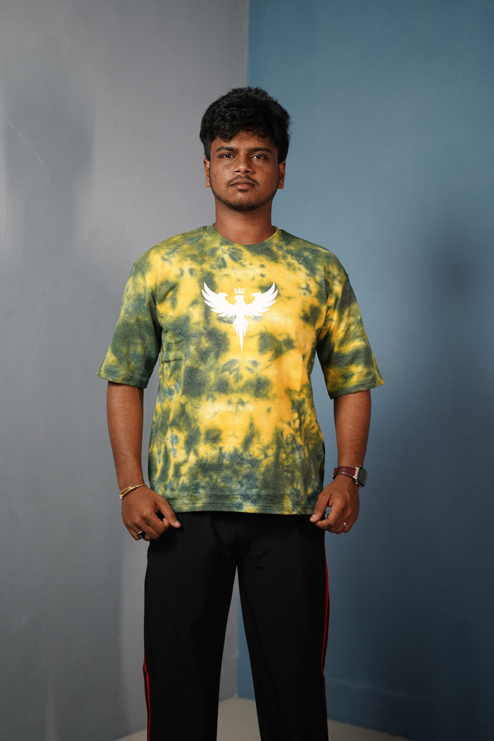 Trendy Tie-Dye Oversized EAGLE Print T-Shirt for Men - Yellow