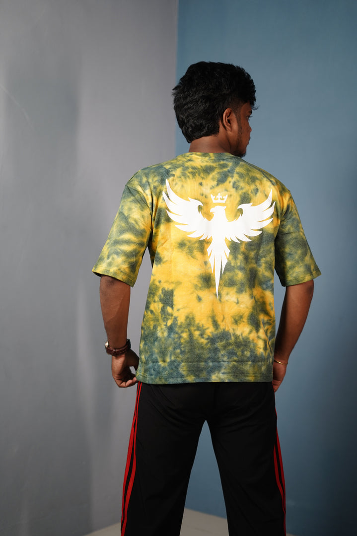 Trendy Tie-Dye Oversized EAGLE Print T-Shirt for Men - Yellow
