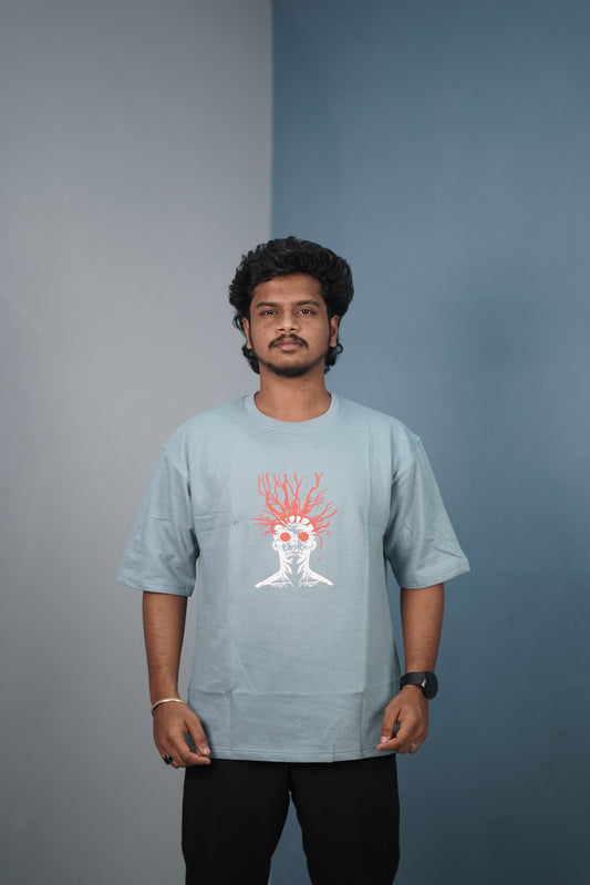 Mens Graphic Oversized T‑Shirt | Streetwear Abstract Art Print Tee - Sky Blue