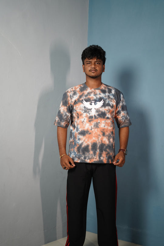 Trendy Tie-Dye Oversized EAGLE Print T-Shirt for Men -Orange – alternate view – 7MAN India