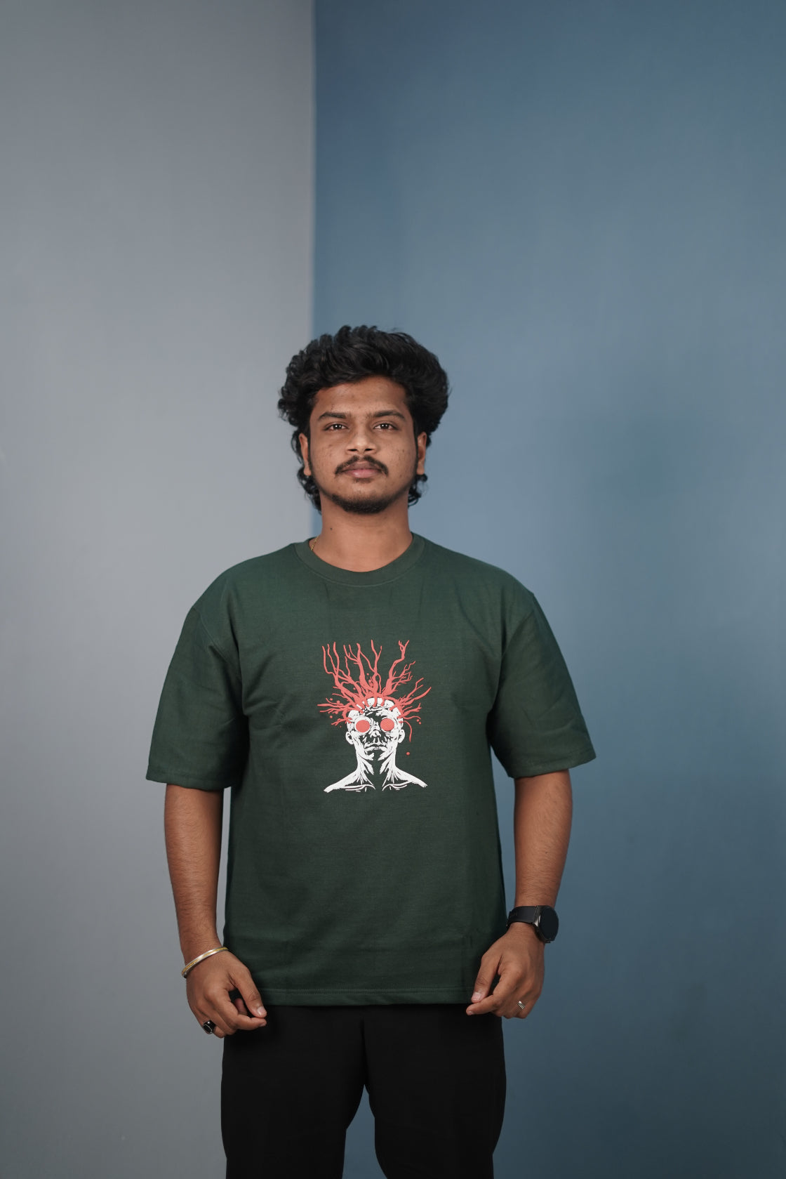 Mens Graphic Oversized T‑Shirt | Streetwear Abstract Art Print Tee - Bottle Green