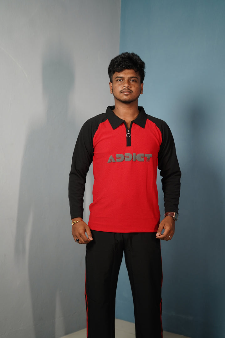 Men's Full Sleeve Polo T-Shirt ADDICT Printed-Red