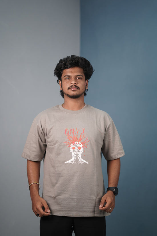 Mens Graphic Oversized T‑Shirt | Streetwear Abstract Art Print Tee - Ash