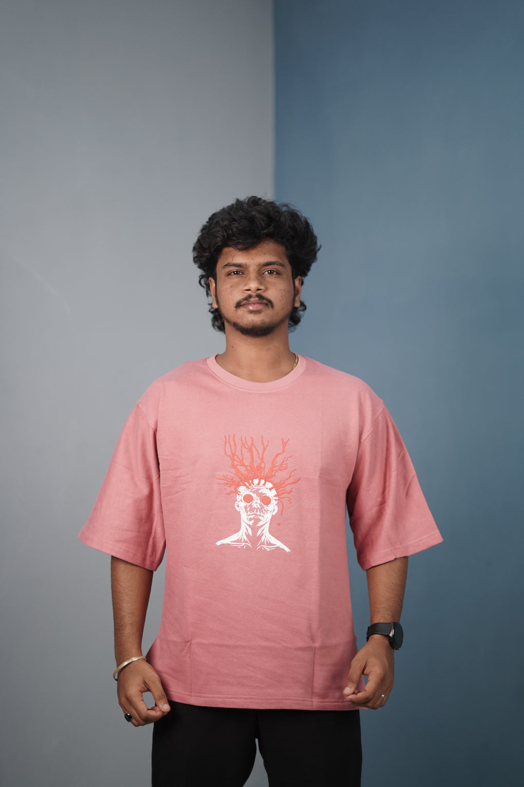 Mens Graphic Oversized T‑Shirt | Streetwear Abstract Art Print Tee - Peach