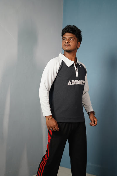 Men's Full Sleeve Polo T-Shirt ADDICT Printed- Dark Grey