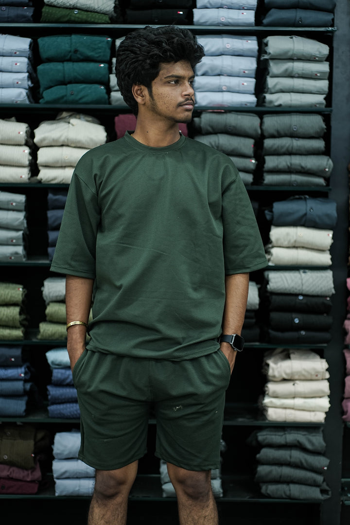 Five Sleeve Plain Co-ord Set Tshirt and Shorts - Bottle Green